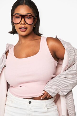 Womens Plus Rib Scoop Neck Racer Back Vest Top - Pink - 28, Pink