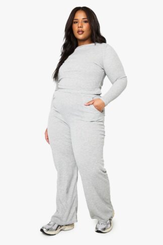 Womens Plus Rib Top & Trouser Lounge Set - Grey - 16, Grey