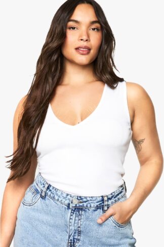 Womens Plus Rib V Neck Vest Top - White - 16, White