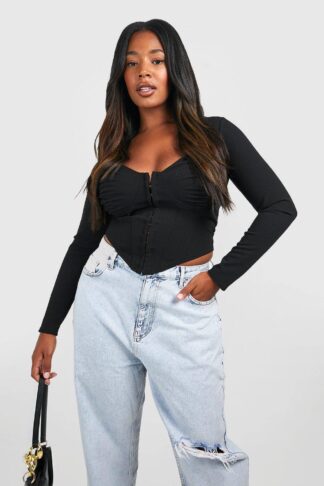 Womens Plus Ruched Detail Hook And Eye Corset Top - Black - 28, Black
