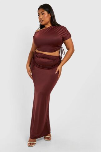 Womens Plus Ruched Drape Shoulder Crop Top And Maxi Skirt - Red - 28, Red