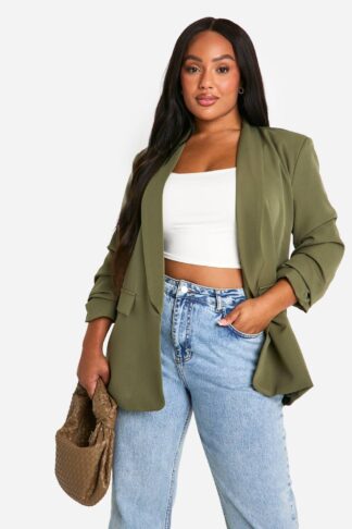 Womens Plus Ruched Sleeve Lapel Detail Blazer - Green - 16, Green
