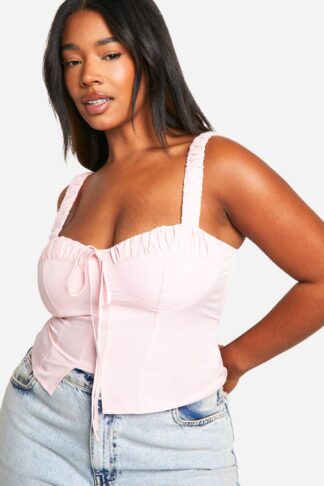 Womens Plus Ruched Tie Front Split Hem Corset Top - Pink - 18, Pink