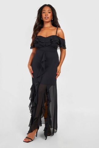 Womens Plus Ruffle Cold Shoulder Maxi Dress - Black - 18, Black