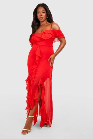 Womens Plus Ruffle Cold Shoulder Maxi Dress - Red - 18, Red