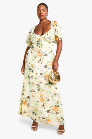 Womens Plus Ruffle Detail Short Sleeve Printed Maxi Dress - Yellow - 16, Yellow