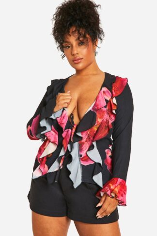 Womens Plus Ruffle Floral Tie Front Blouse - Pink - 28, Pink