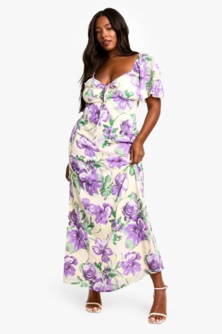 Womens Plus Ruffle Printed Floral Detail Short Sleeve Printed Maxi Dress - Purple - 16, Purple