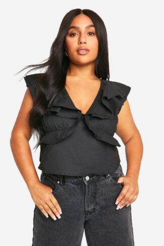 Womens Plus Ruffle Tie Back Top - Black - 16, Black