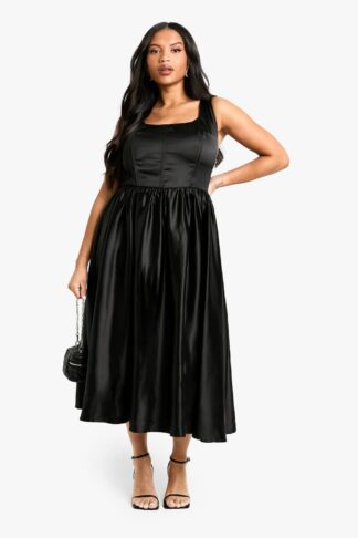 Womens Plus Satin Bodice Midaxi Skater Dress - Black - 16, Black