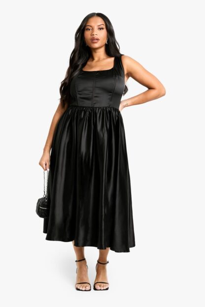 Womens Plus Satin Bodice Midaxi Skater Dress - Black - 16, Black