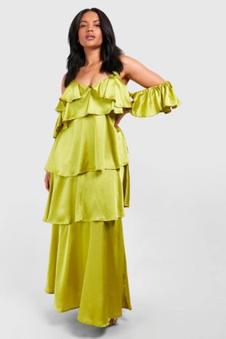 Womens Plus Satin Cold Shoulder Ruffle Maxi Dress - Green - 28, Green