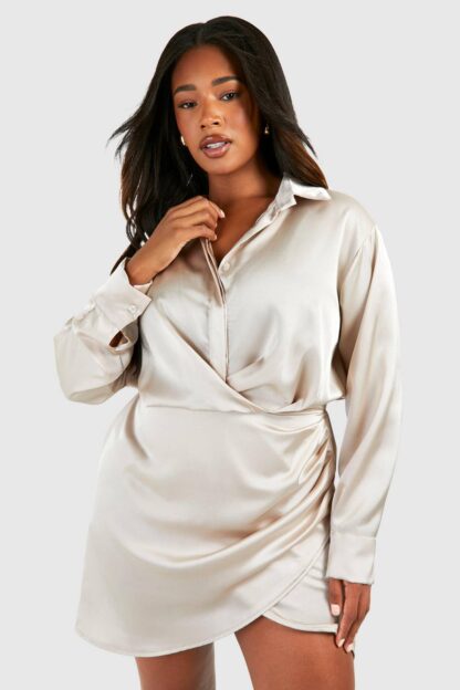 Womens Plus Satin Collar Shirt Wrap Dress - Beige - 24, Beige