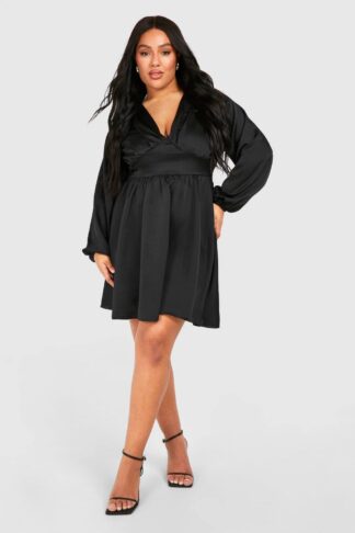 Womens Plus Satin Corset Detail Skater Mini Dress - Black - 28, Black