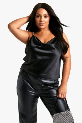 Womens Plus Satin Cowl Back Diamante Strap Cami Top - Black - 16, Black