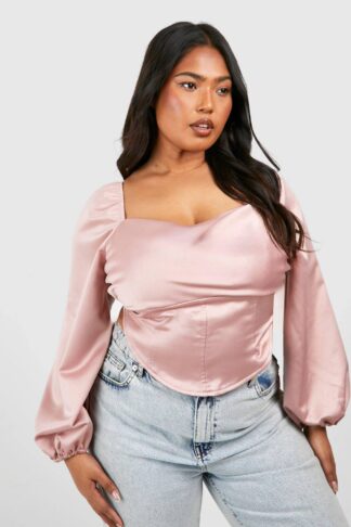 Womens Plus Satin Drape Front Corset Top - Pink - 26, Pink