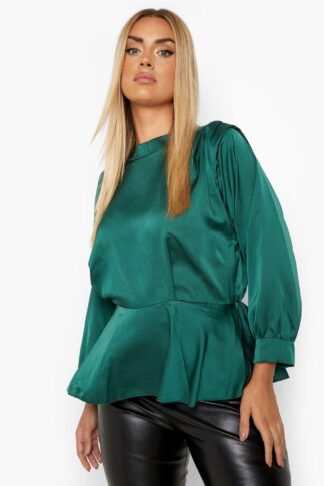 Womens Plus Satin High Neck Peplum Blouse - Green - 18, Green