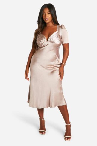 Womens Plus Satin Lace Detail Midi Dress - Beige - 28, Beige