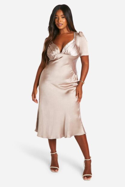 Womens Plus Satin Lace Detail Midi Dress - Beige - 28, Beige