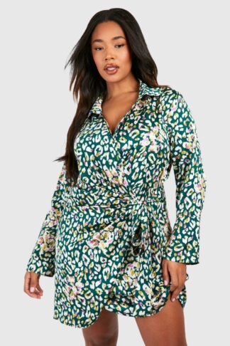 Womens Plus Satin Leopard Print Drape Wrap Shirt Dress - Multi - 28, Multi