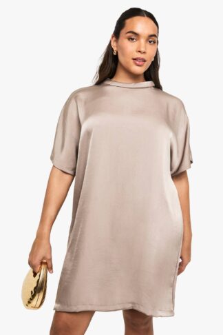 Womens Plus Satin Oversized T-Shirt Dress - Brown - 16, Brown