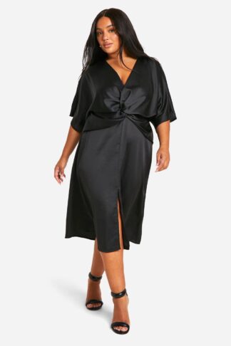 Womens Plus Satin Twist Front Angel Sleeve Midi Dress - Black - 16, Black