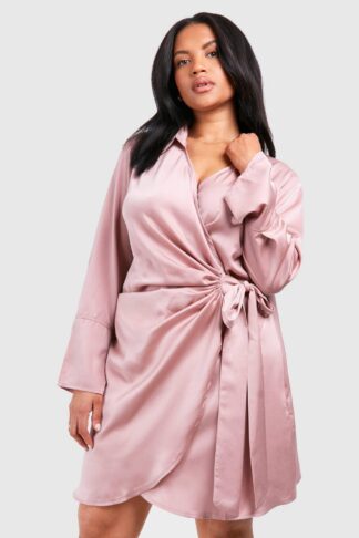 Womens Plus Satin Wrap Shirt Dress - Pink - 28, Pink