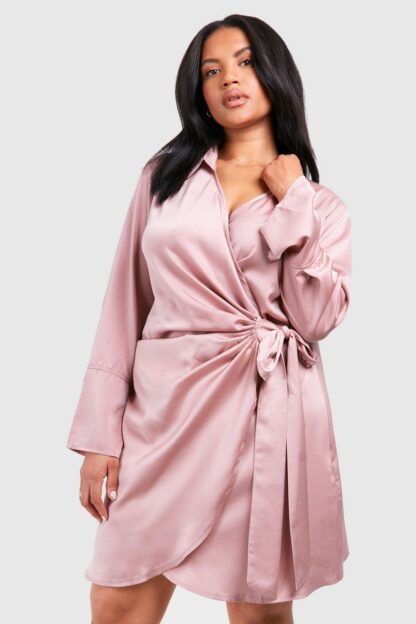 Womens Plus Satin Wrap Shirt Dress - Pink - 28, Pink