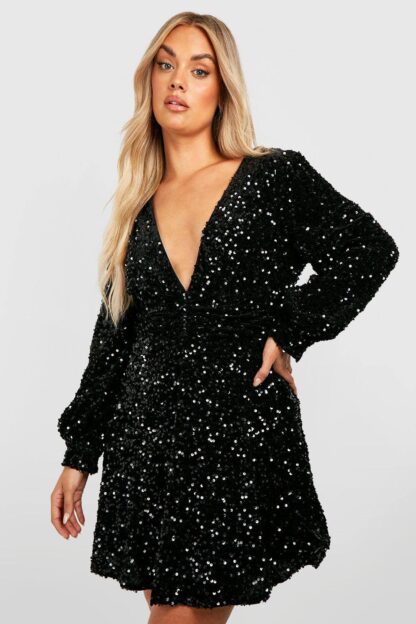 Womens Plus Sequin Ruched Waist Skater Dress - Black - 28, Black