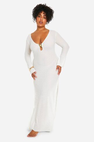 Womens Plus Shell Trim Crinkle Beach Maxi Dress - White - 18, White