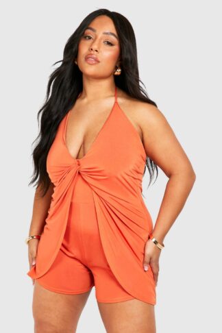 Womens Plus Slinky Knot Detail Strappy Playsuit - Orange - 16, Orange