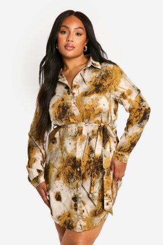 Womens Plus Smudge Abstract Printed Tie Belt Shirt Dress - Yellow - 16, Yellow