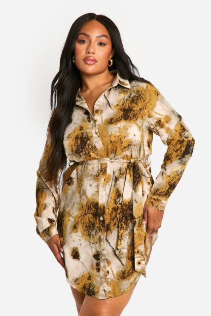 Womens Plus Smudge Abstract Printed Tie Belt Shirt Dress - Yellow - 16, Yellow