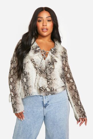 Womens Plus Snake Chiffon Ruffle Blouse - Beige - 28, Beige