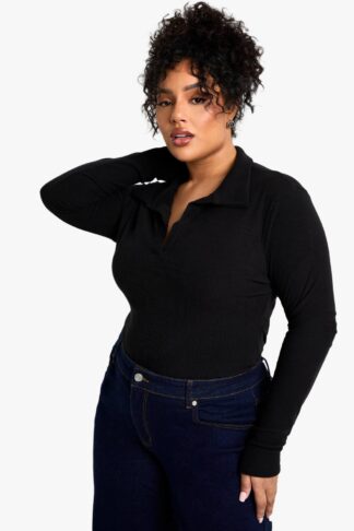Womens Plus Soft Rib Collared Long Sleeve Top - Black - 16, Black