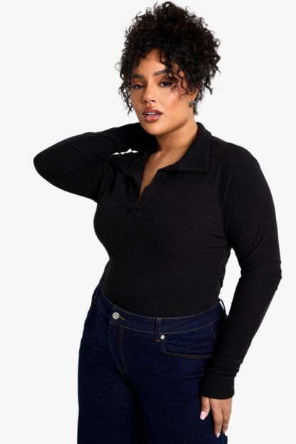 Womens Plus Soft Rib Collared Long Sleeve Top - Black - 16, Black
