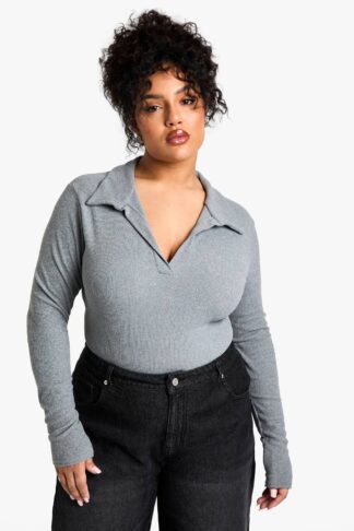 Womens Plus Soft Rib Collared Long Sleeve Top - Grey - 16, Grey