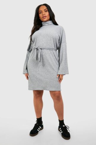 Womens Plus Soft Rib Roll Neck Tie Belt Skater Dress - Grey - 16, Grey