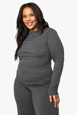 Womens Plus Soft Rib Ruched Long Sleeve Top - Grey - 16, Grey