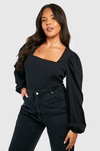 Womens Plus Square Neck Long Sleeve Corset Top - Black - 26, Black