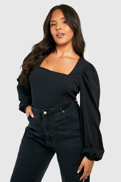 Womens Plus Square Neck Long Sleeve Corset Top - Black - 26, Black