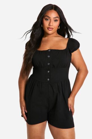 Womens Plus Stretch Woven Puff Sleeve Milkmaid Playsuit - Black - 28, Black