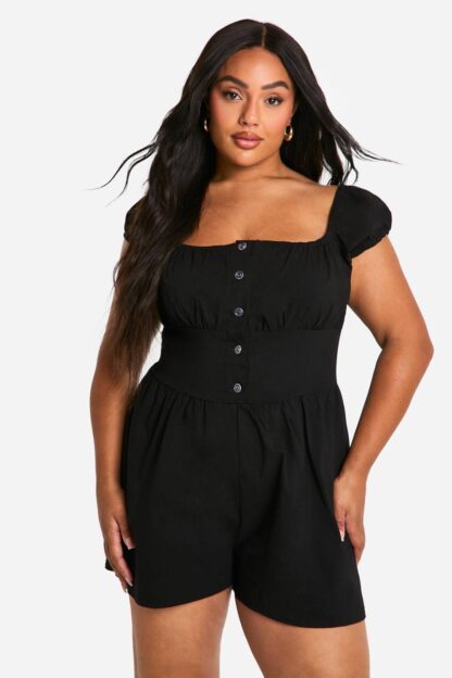 Womens Plus Stretch Woven Puff Sleeve Milkmaid Playsuit - Black - 28, Black