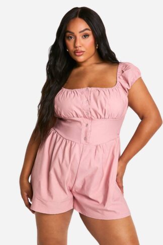 Womens Plus Stretch Woven Puff Sleeve Milkmaid Playsuit - Pink - 16, Pink