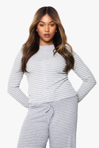 Womens Plus Stripe Button Front Top - Grey - 22, Grey