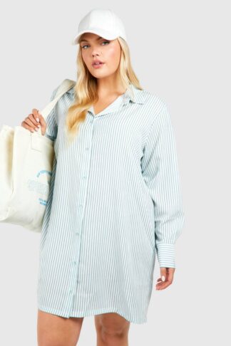 Womens Plus Stripe Dropped Shoulder Shirt Dress - Blue - 16, Blue