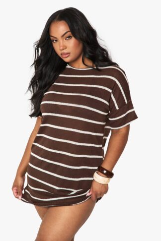 Womens Plus Stripe Oversized T-Shirt Dress - Brown - 16, Brown