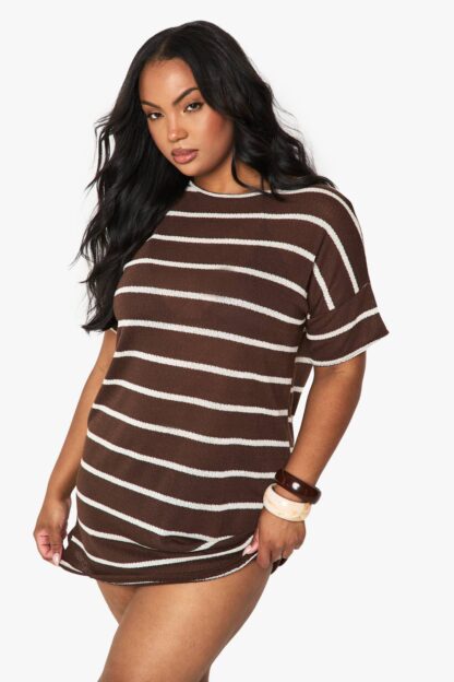Womens Plus Stripe Oversized T-Shirt Dress - Brown - 16, Brown