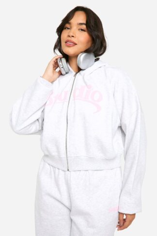 Womens Plus Studio Slogan Boxy Crop Zip Through Hoodie - Grey - 18, Grey