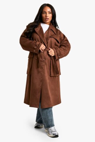 Womens Plus Suede Belted Trench Coat - Brown - 16, Brown